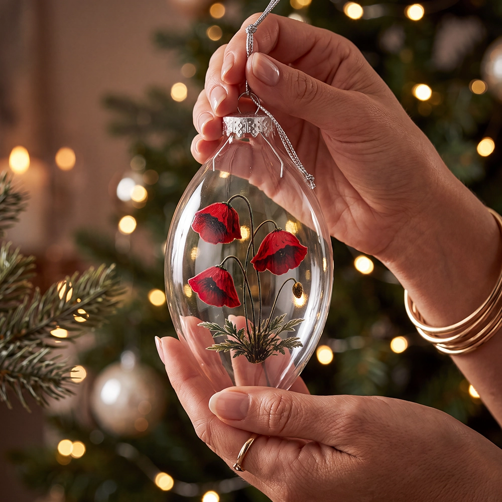 A woman's hand holding a Forever Christmas Bauble with a Christmas tree in the background