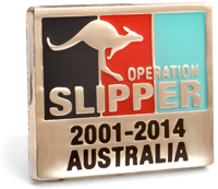 The rectangular Operation Pin is showing the tri-service colours of navy blue, red and light blue in vertical stripes set in a Silver plate face with a leaping kangaroo in Silver and words Operation Slipper printed over. The word Australia sits at the bottom of the lapel pin face.  