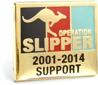 The rectangular Operation Pin is showing the tri-service colours of navy blue, red and light blue in vertical stripes set in a Gold plate face with a leaping kangaroo in Gold and words Operation Slipper printed over. The word Support sits at the bottom of the lapel pin face.