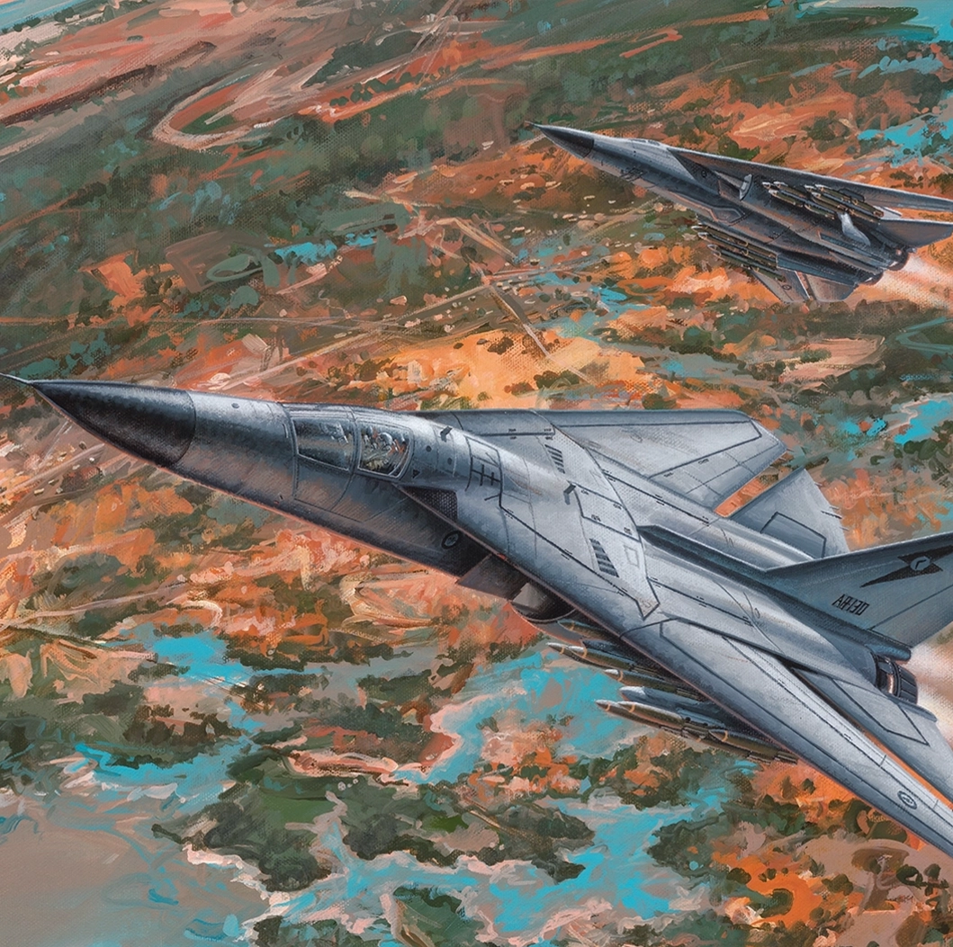Detail of F-111 aircraft on Seek, Strike, and Return Artwork