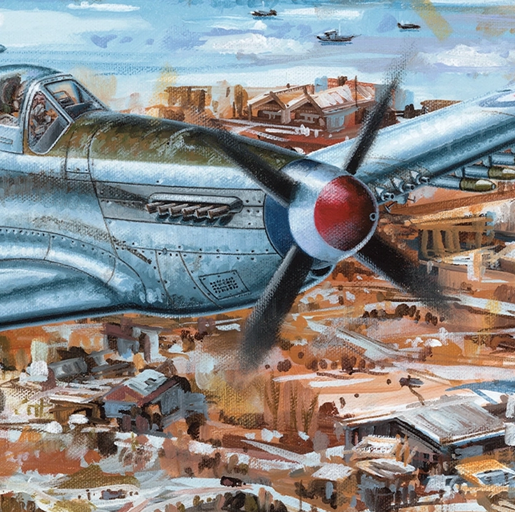 A close up of a propeller on the Mustang on the Cutting the Lines Artwork