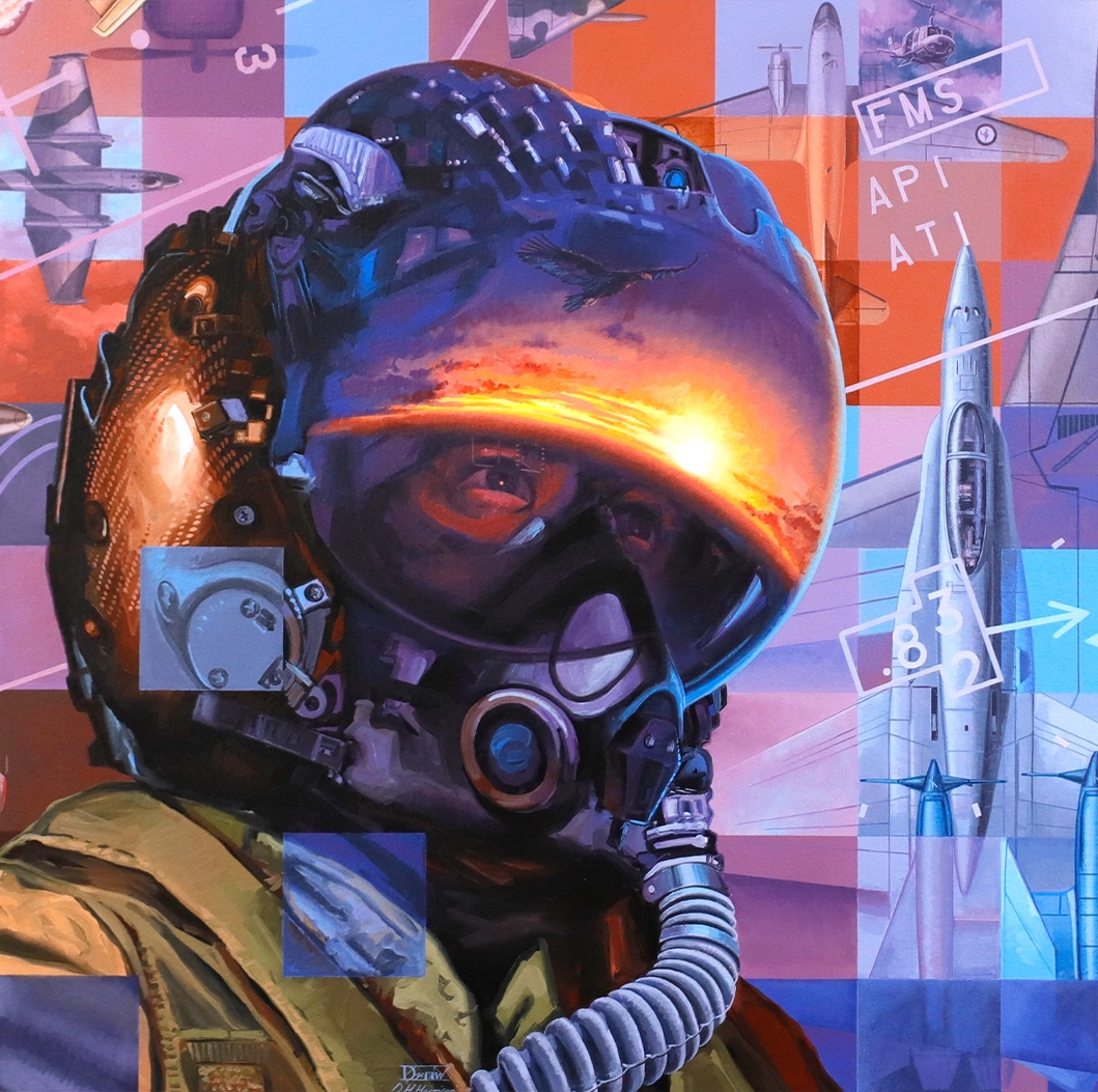Detail of The central pilot in the middle panel of the Then. Now. Always. Artwork