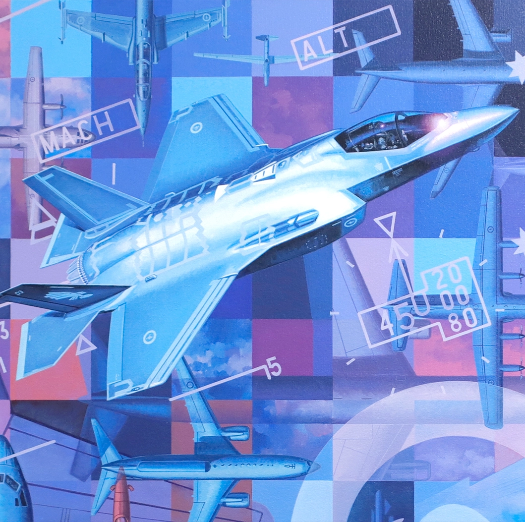 Detail of the F-35 Aircraft on the last panel of the Then. Now. Always. Artwork