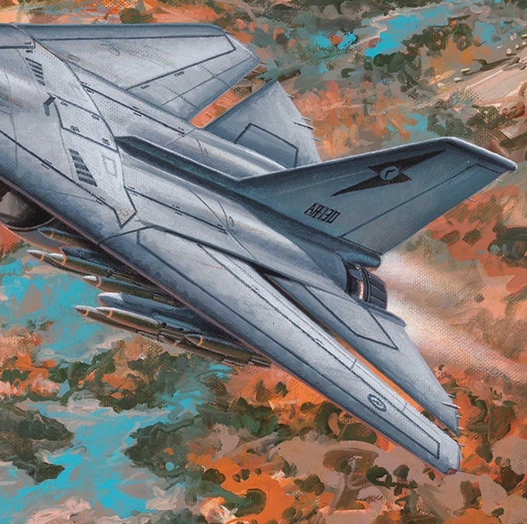Detail of wing of F-111 aircraft on the Seek, Strike, and Return Artwork