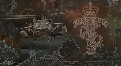 The RAEME badge and Black Hawk mission detail in Black Hawk Sunset