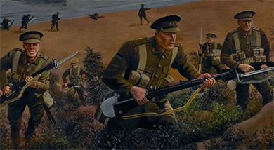 Detail from The Spirit – Gallipoli Landing 1915 showing the landing troops
