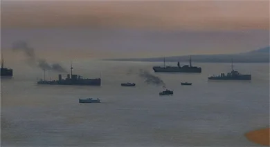 Detail from The Spirit – Gallipoli Landing 1915 showing ships offshore