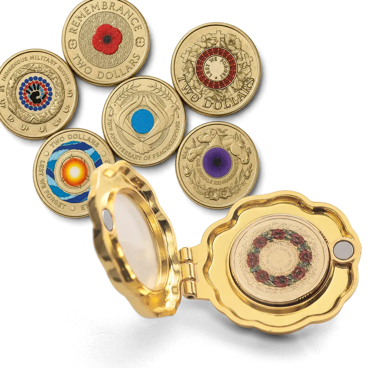 Forever Collection Remembrance Coin Locket Brooch with commemorative Australian 2-dollar coins