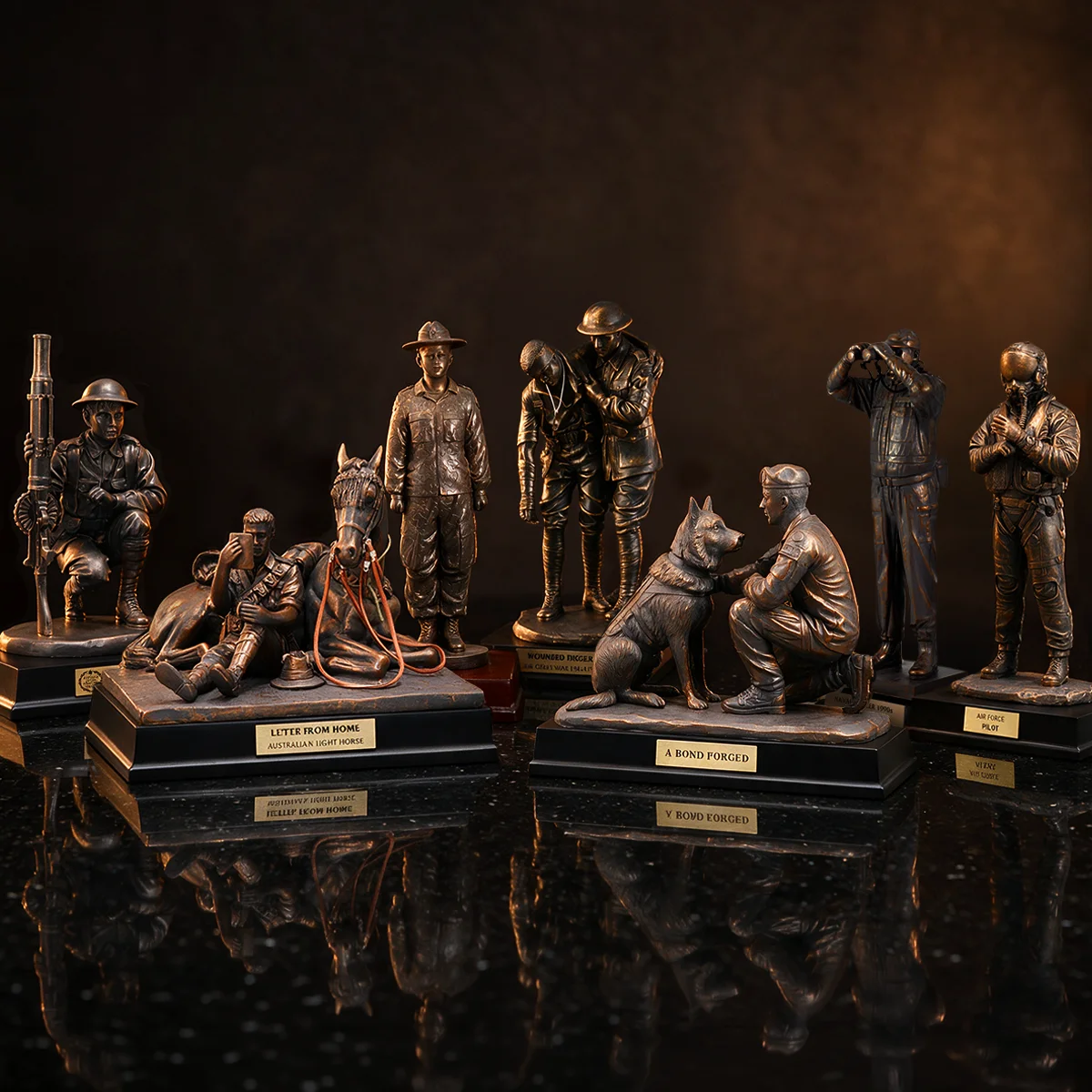 An image of full-size figurines in a luxury shot with golden lighting and a marble surface