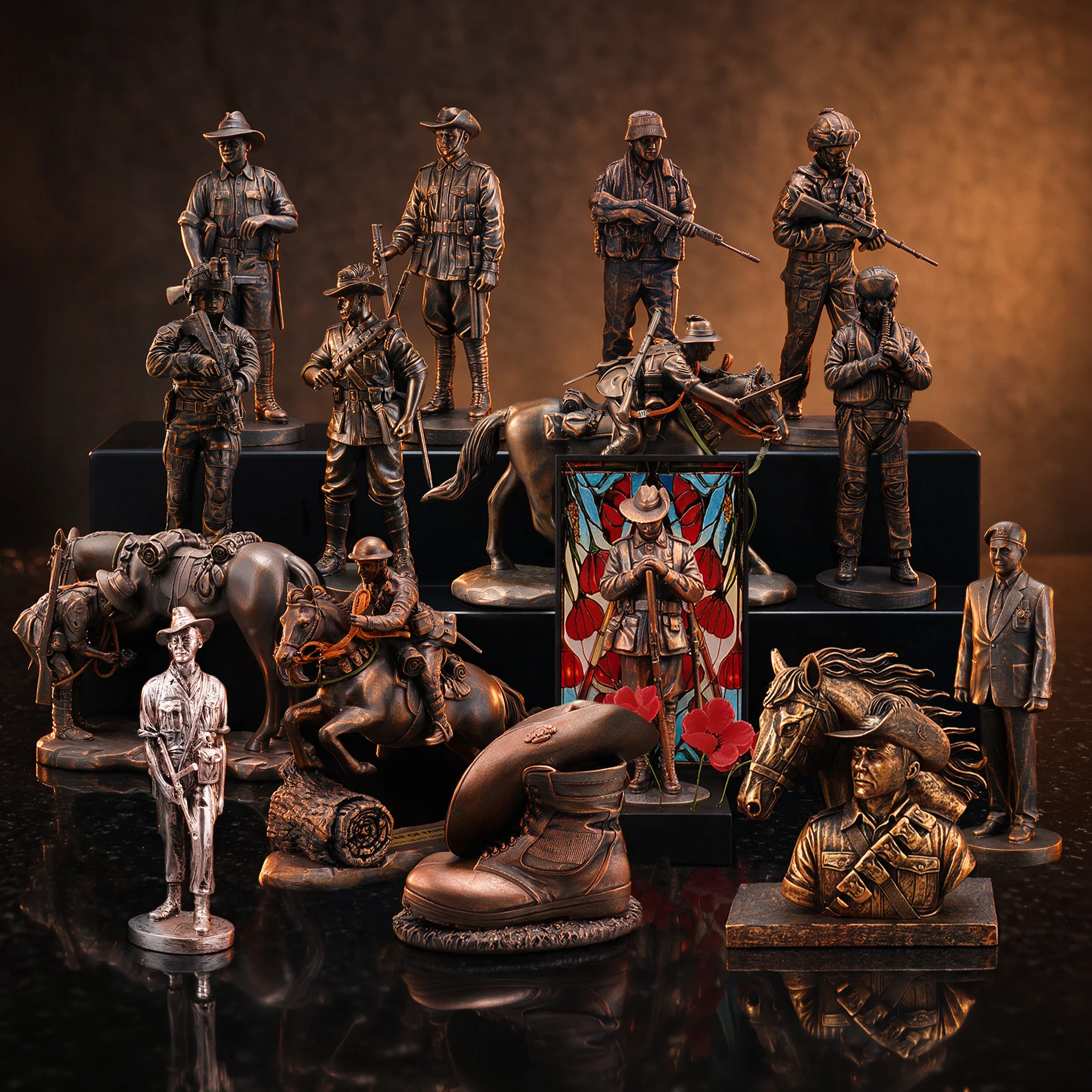 An image of miniature figurines in a luxury shot with golden lighting and a marble surface